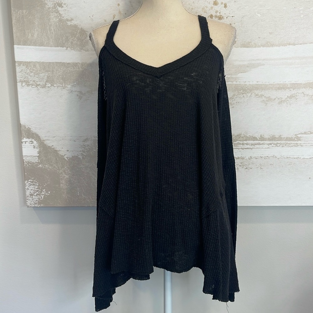 Sexy Cold Shoulder Waffle Knit Oversized Long Sleeve Top
